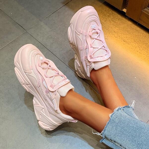 

Minimalist Lace-up Front Letter Graphic Chunky Sneakers, Pink