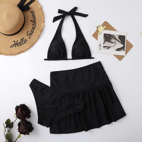 

3pack Solid Halter Bikini Swimsuit & Beach Skirt, Black