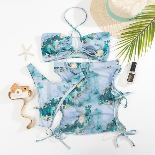 

3pack Marble Print Halter Bikini Swimsuit & Beach Skirt, Multicolor