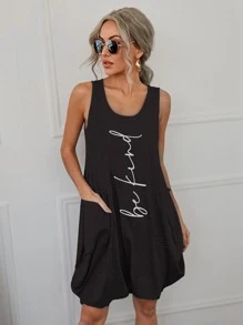 Letter Graphic Dual Pockets Tank Dress - Black - View 1