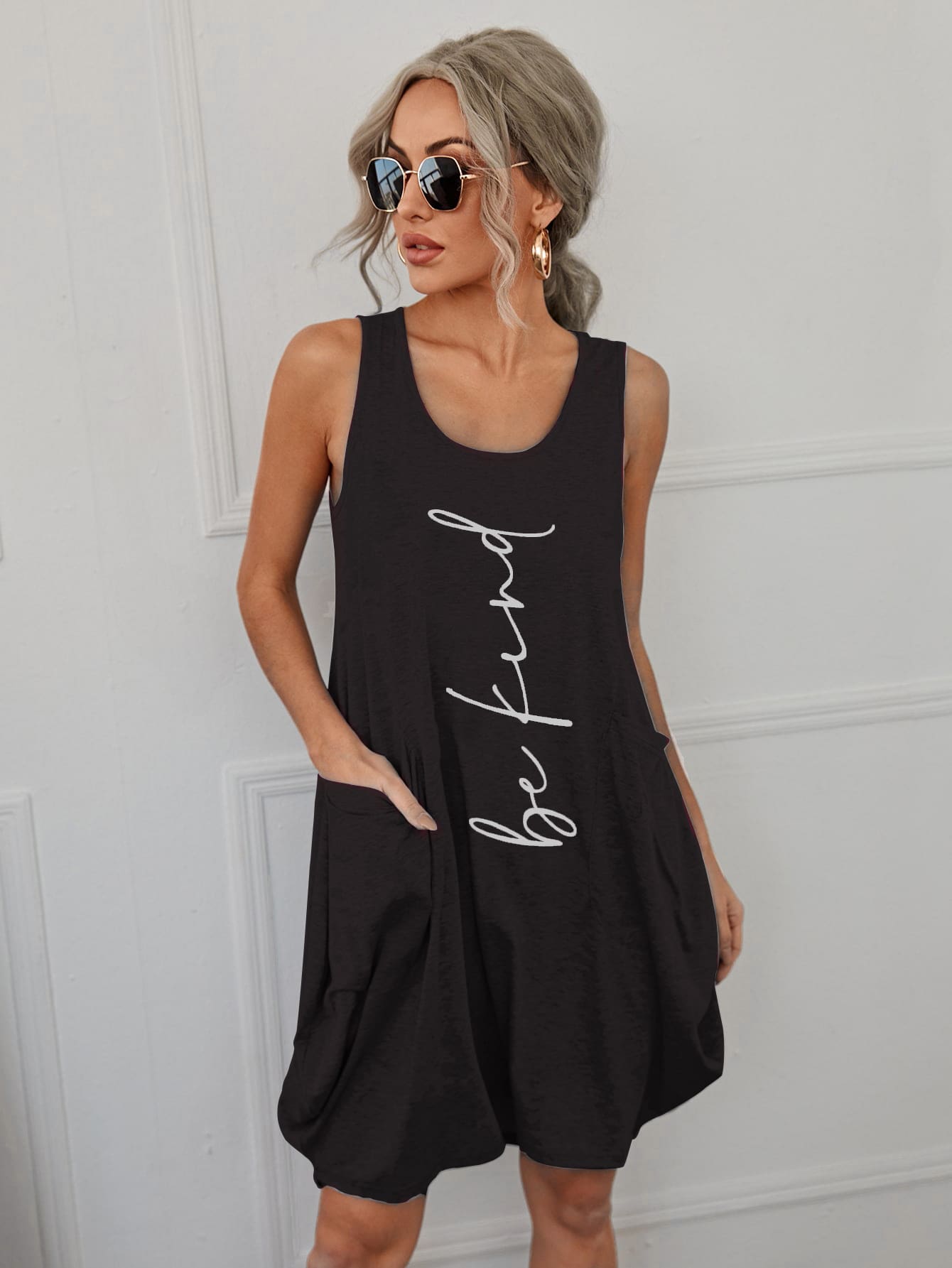 Letter Graphic Dual Pockets Tank Dress - Black - View 1