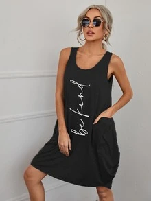 Letter Graphic Dual Pockets Tank Dress - Black - View 3
