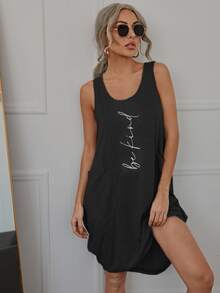 Letter Graphic Dual Pockets Tank Dress - Black - View 4