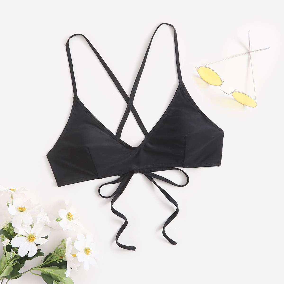 

Solid Criss Cross Back Bikini Top, Black