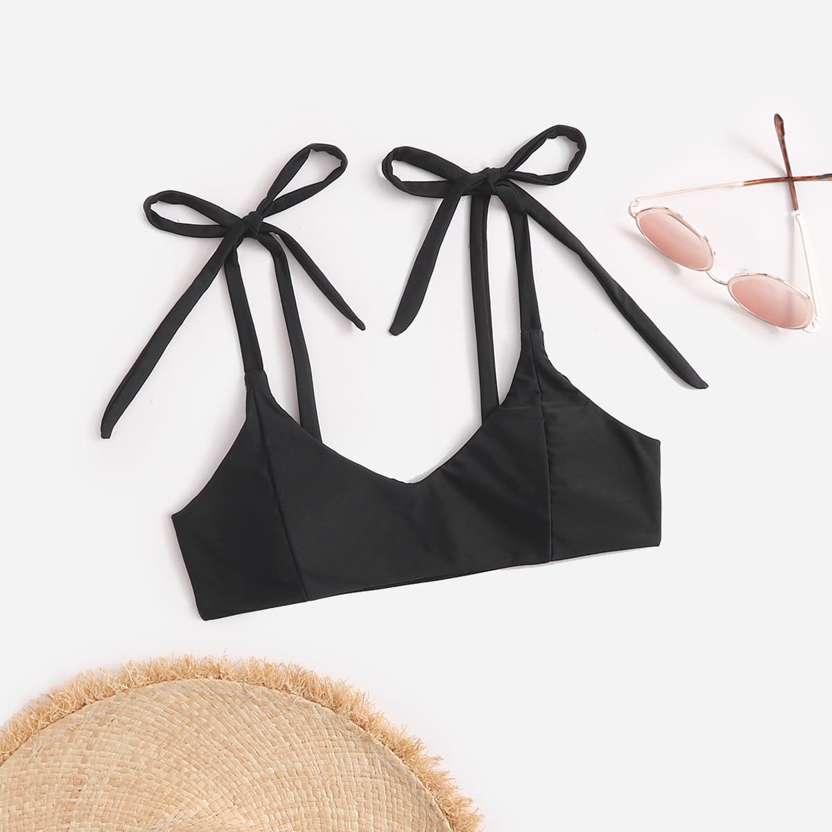 

Solid Tie Shoulder Bikini Top, Black
