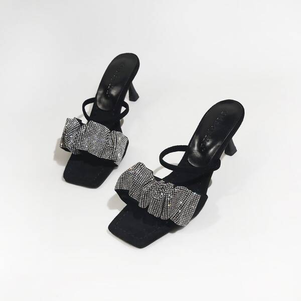 

Rhinestone Decor Ruched Detail Mule Sandals, Black