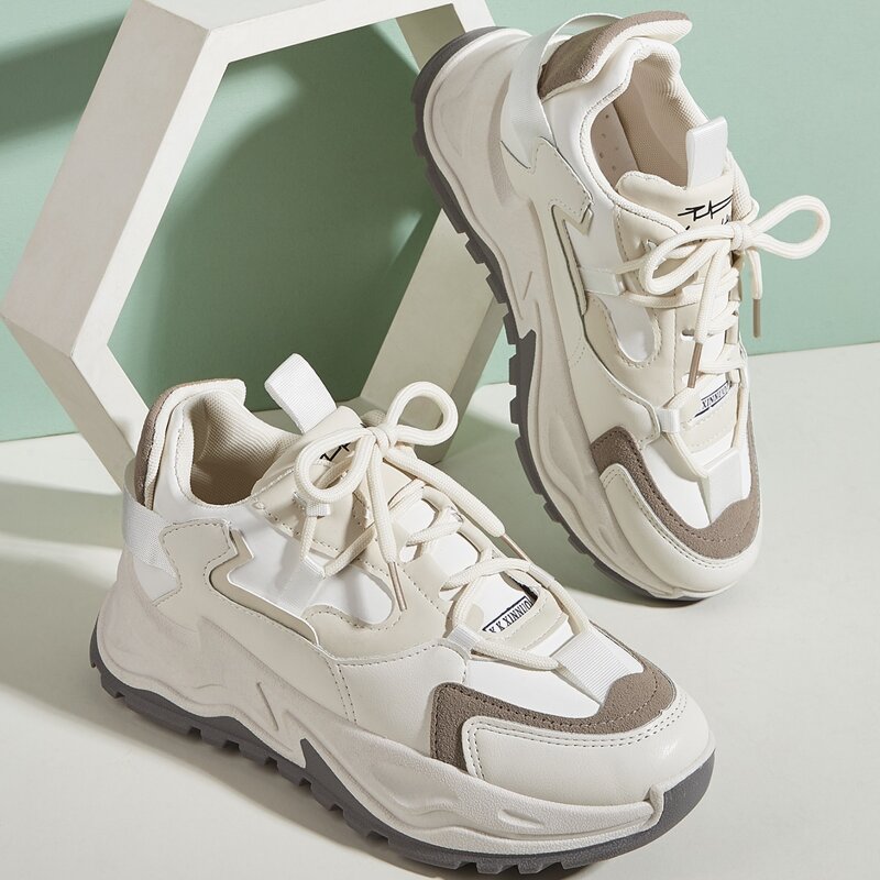 

Lace-up Front Low Top Chunky Sneakers, Beige