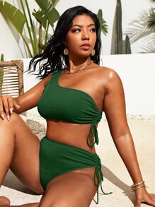 Conjunto de bikini de cintura alta de un hombro de color sólido para playa talla grande - Verde - Ver 1