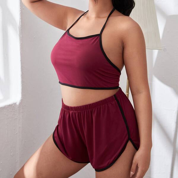 

Plus Contrast Binding Backless Halter Pajama Set, Burgundy