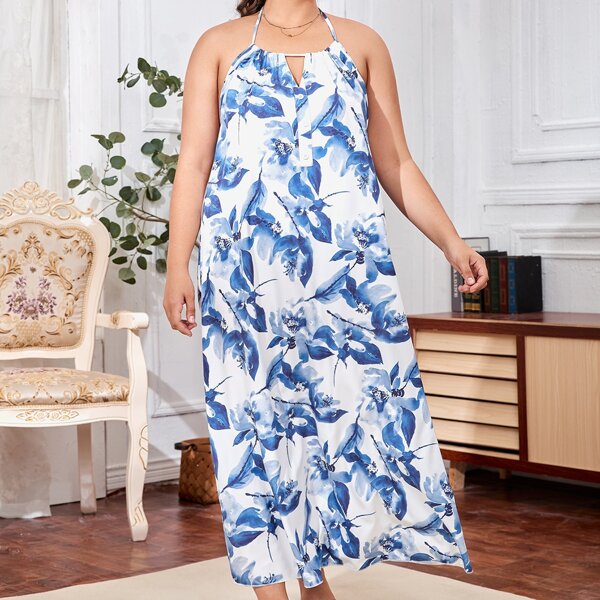 

Plus Allover Floral Print Backless Night Dress, Blue and white