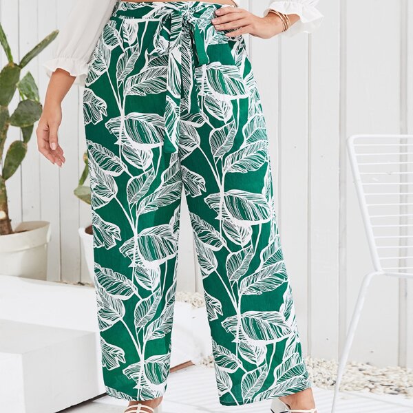 

Plus Tropical Print Wide Leg Belted Pants, Green