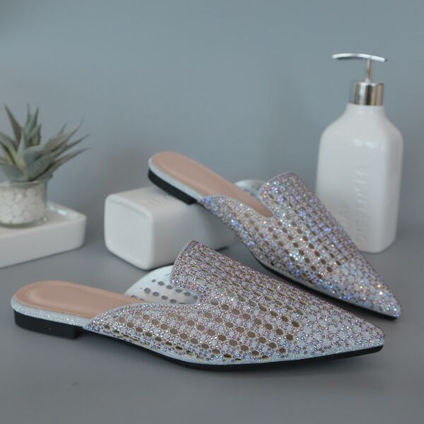 

Rhinestone Decor Hollow Out Mules, Silver