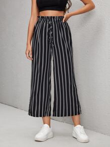 SHEIN EZwear Striped Drawstring Waist Wide Leg Trousers - Black and White - View 1