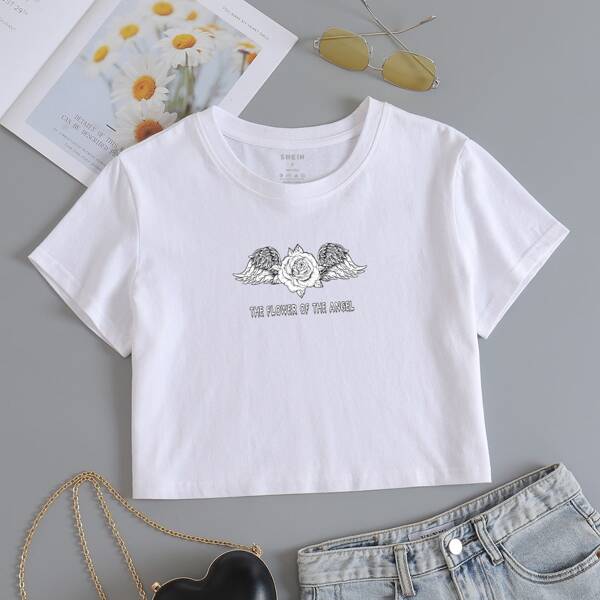 

Solid Floral And Slogan Print Round Neck Tee, White