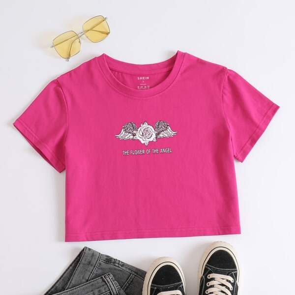 Solid Floral And Slogan Print Round Neck Tee, Hot pink