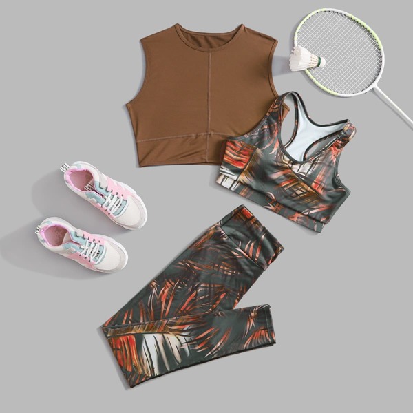 

3pcs Plants Print Sports Set, Multicolor