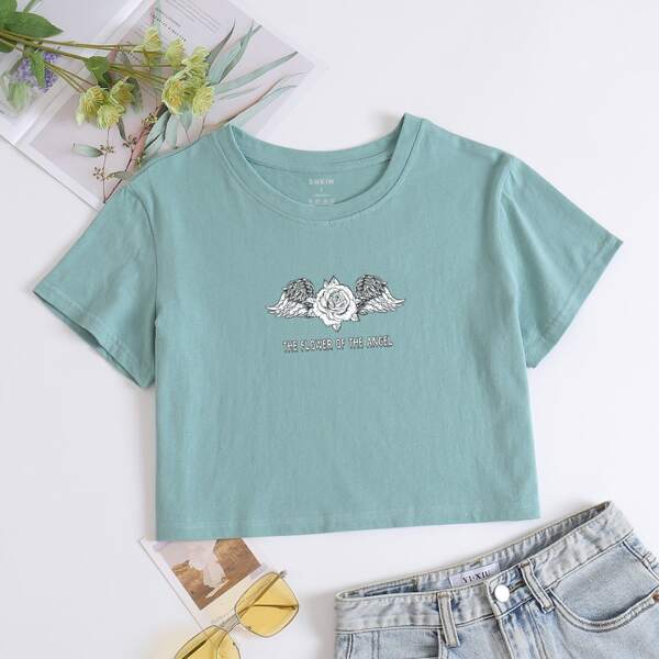

Solid Floral And Slogan Print Round Neck Tee, Cadet blue