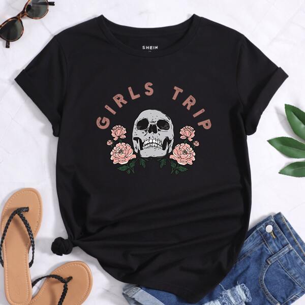 

Floral & Skull Print Tee, Black