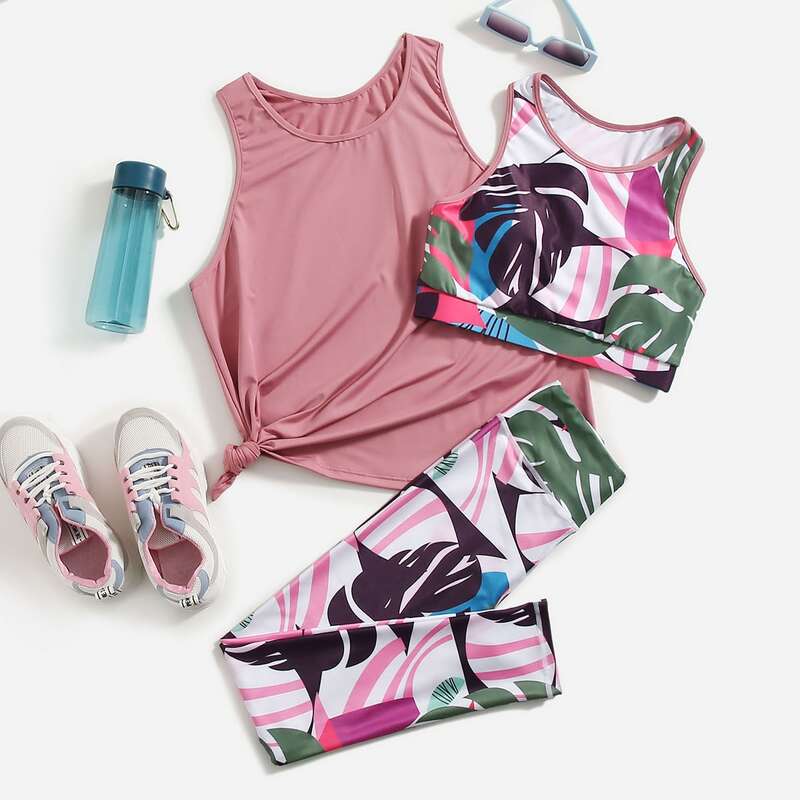 

3pcs Tropical Print Sports Sets, Multicolor