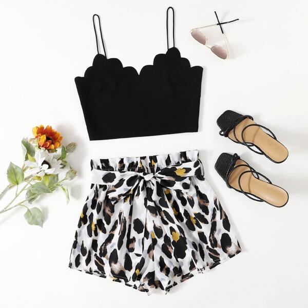 

Scallop Edge Crop Cami Top & Paperbag Waist Belted Leopard Shorts, Multicolor