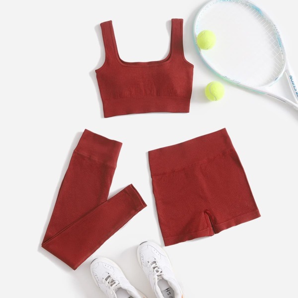 

3pcs Solid Sports Tank Top & Sports Leggings And Shorts Set, Burgundy