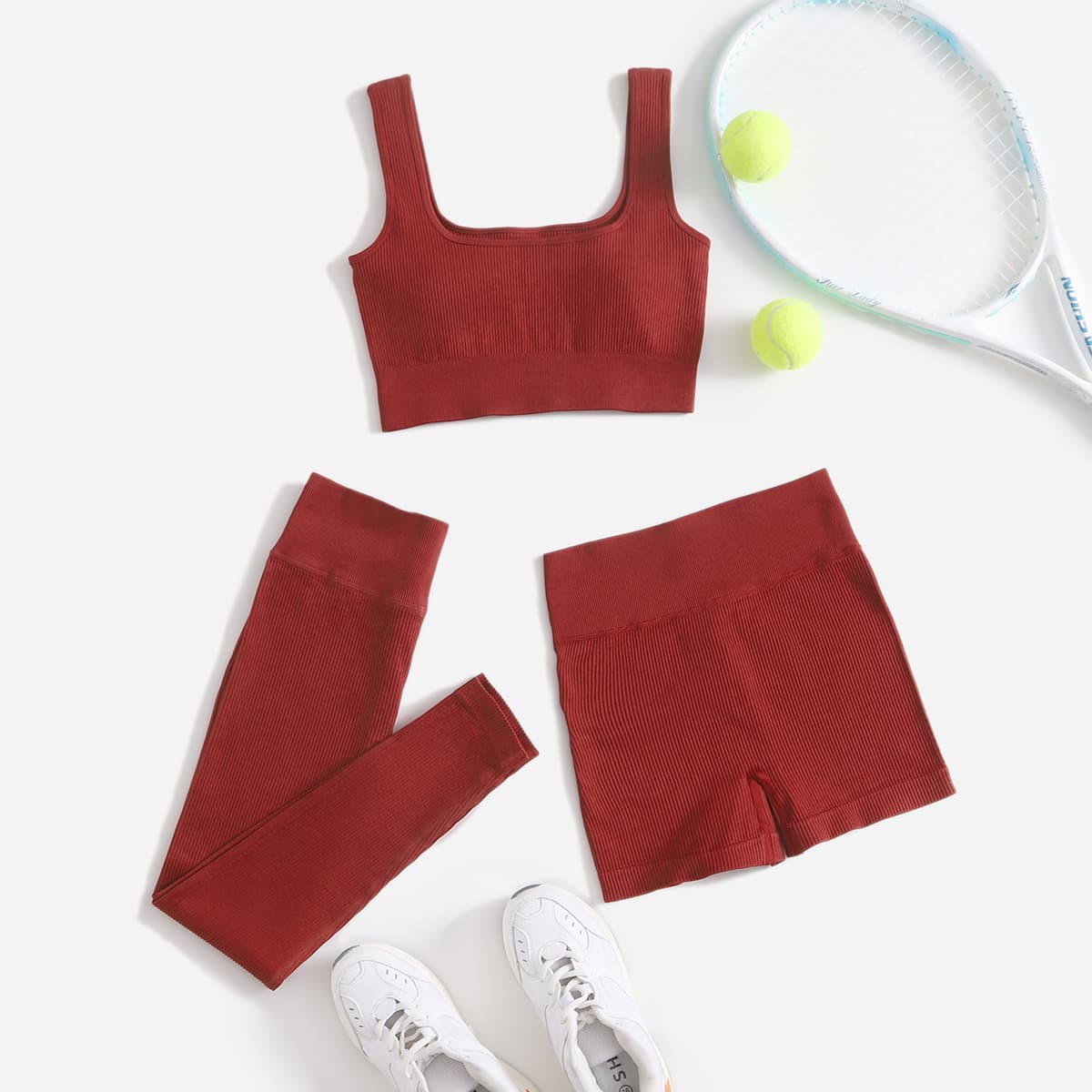 3pcs Solid Sports Tank Top & Sports Leggings And Shorts Set, Burgundy