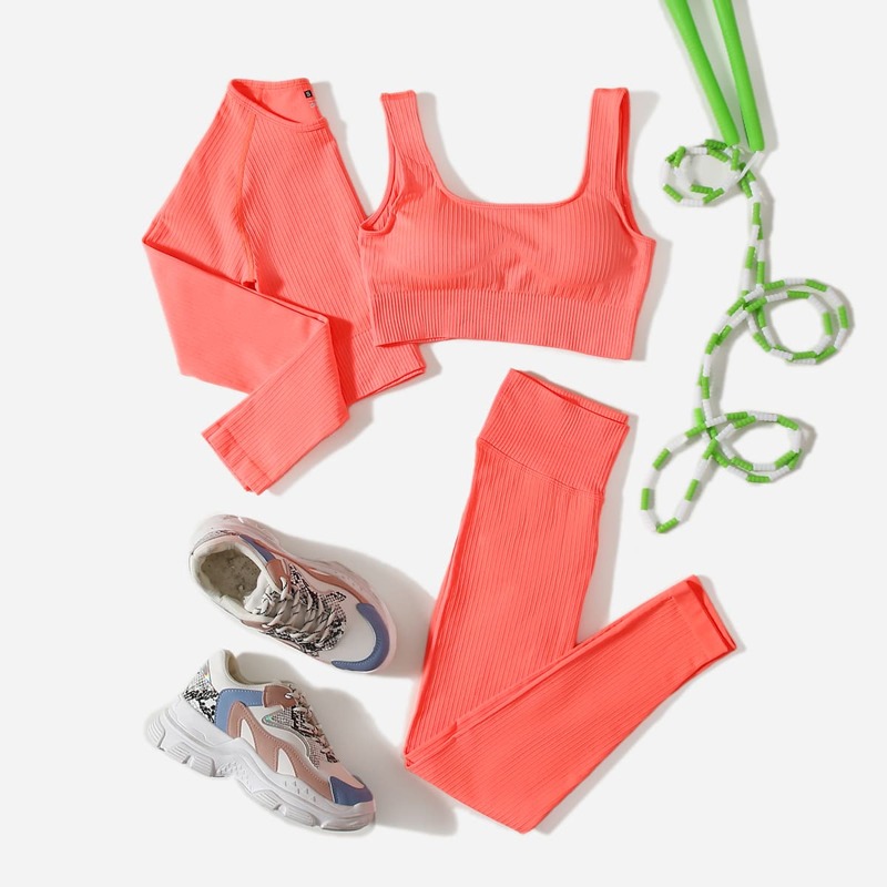 

Solid Tee & Tank Top & Leggings Sports Set, Coral orange