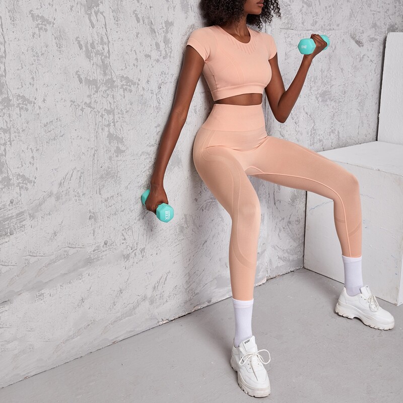 

Crop Sports Tee & Wide Waistband Leggings, Coral pink