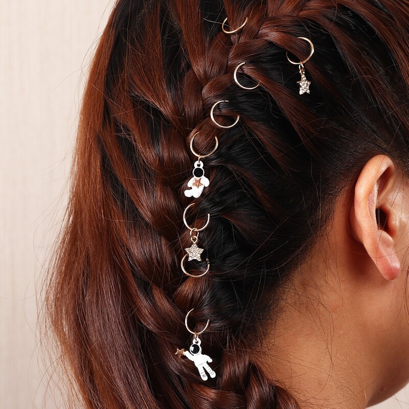 

8pcs Rhinestone Star Charm Hair Ring, Gold