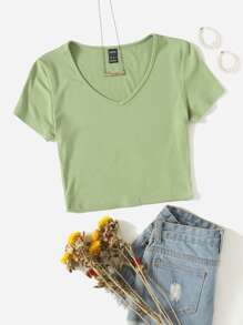 Muchica Camiseta tejida de canalé de cuello V - Verde Oliva - Ver 1