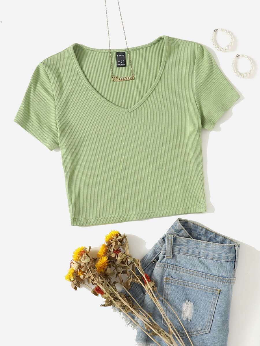 Muchica Camiseta tejida de canalé de cuello V - Verde Oliva - Ver 1