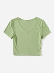 Muchica Camiseta tejida de canalé de cuello V - Verde Oliva - Ver 2