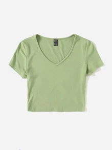 Muchica Camiseta tejida de canalé de cuello V - Verde Oliva - Ver 3