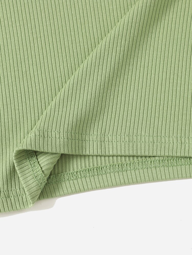 SHEIN Muchic V Neck Rib-knit Tee - Olive Green - View 4