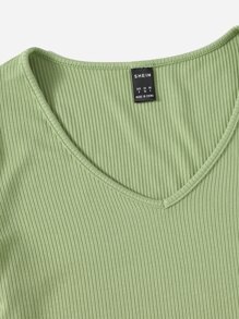 Muchica Camiseta tejida de canalé de cuello V - Verde Oliva - Ver 5