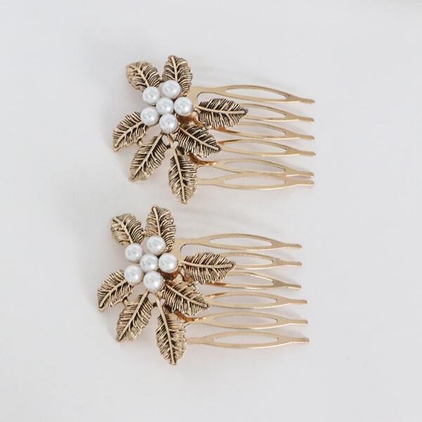 

2pcs Faux Pearl Decor Hair Pin, Bronze