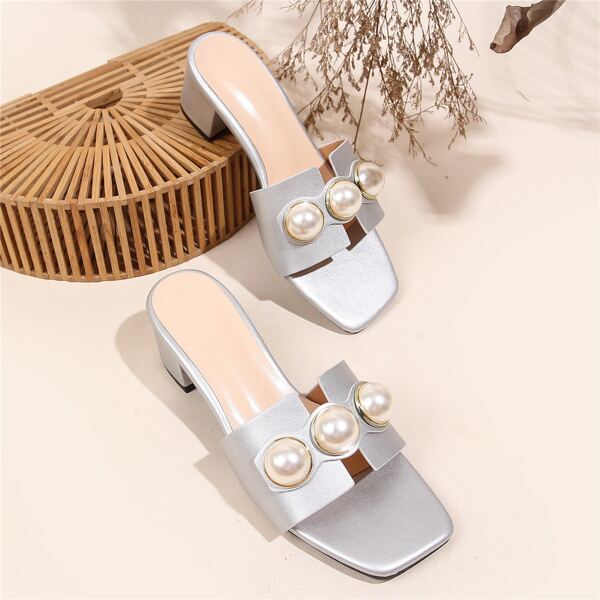 Faux Pearl Decor Chunky Sandal Mules, Silver