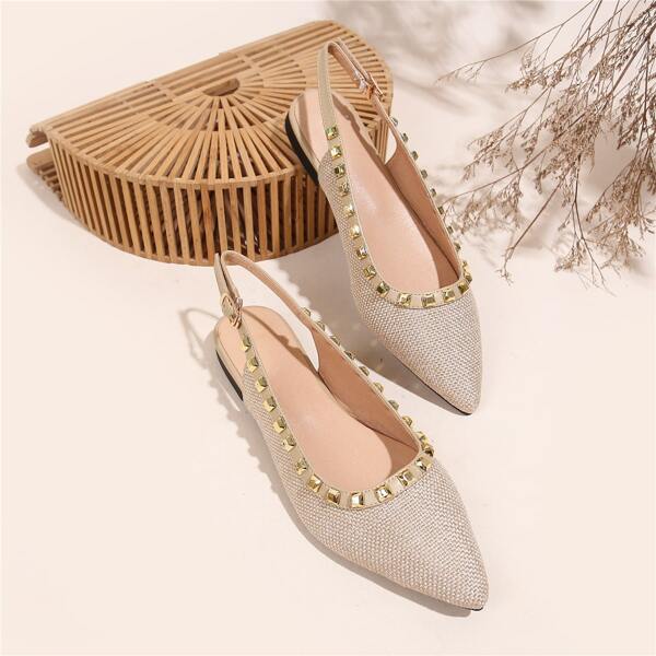 

Studded Detail Slingback Flats, Apricot