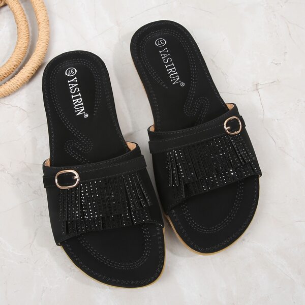 

Buckle & Fringe Decor Slide Sandals, Black