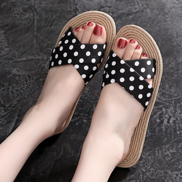 

Polka Dot Cross Strap Slides, Black and white
