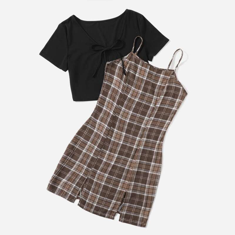 

Solid Tie Front Crop Top & Plaid Split Cami Dress, Multicolor