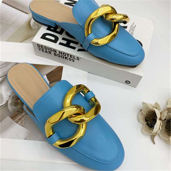 

Chain Decor Flat Mules, Blue