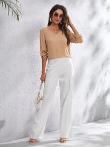 SHEIN Clasi 素色v領上衣 - 駝色 - 查看 4
