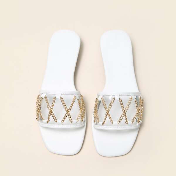 

Chain Decor Slide Sandals, White