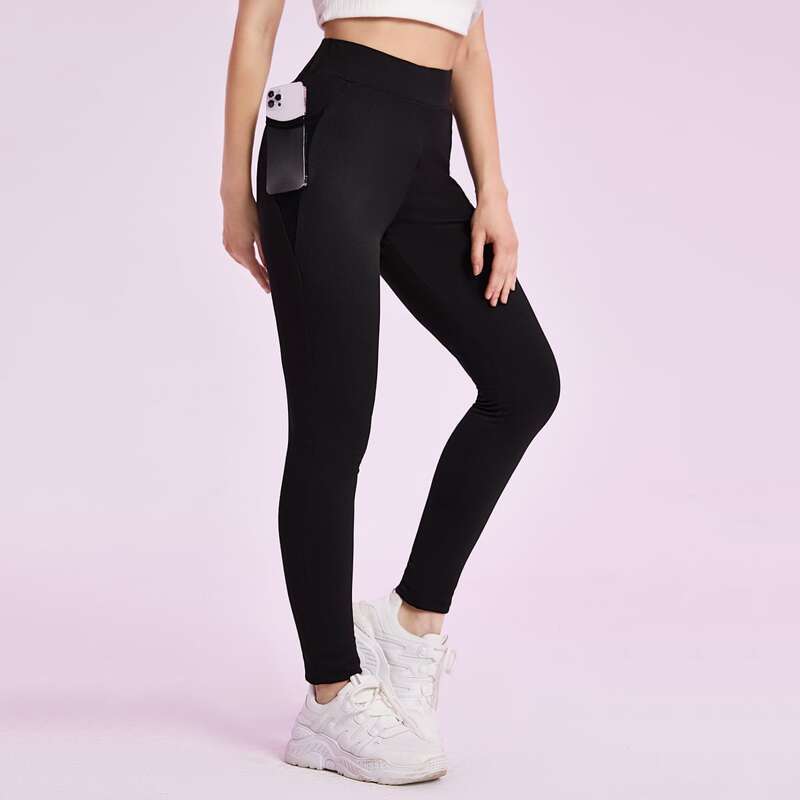 

Solid High Waist Leggings With Phone Pocket, Black