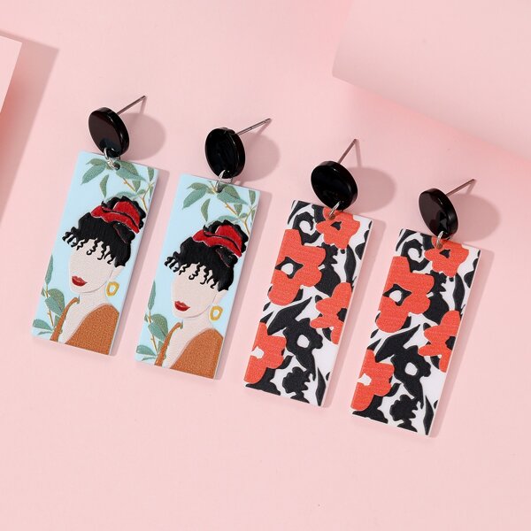 

2pairs Girls Figure Graphic Geometric Drop Earrings, Multicolor