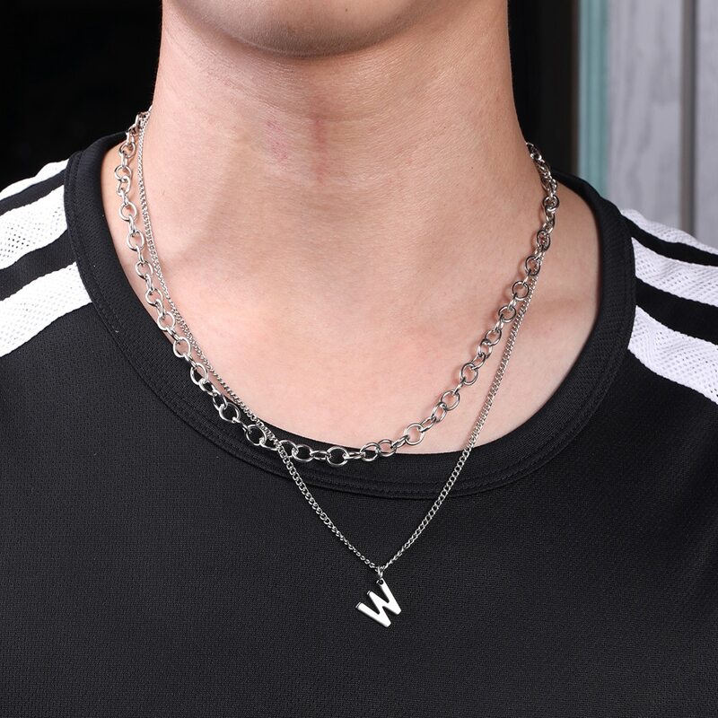 

Guys Letter Charm Layered Chain Necklace, Silver