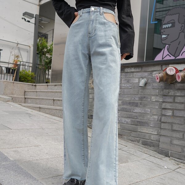 

Raw Hem Wide Leg Jeans, Light wash