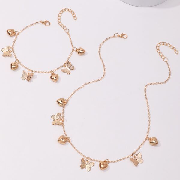 

2pcs Girls Butterfly Pendant Jewelry Set, Gold