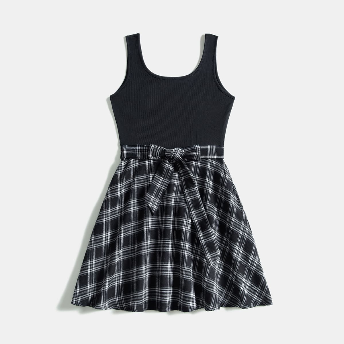 

2 In 1 Plaid Belted Dress, Black and white